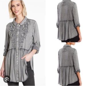 Solitaire Washed Out Gray Floral Embroidered Roll Tab Sleeves Shirt Dress XL